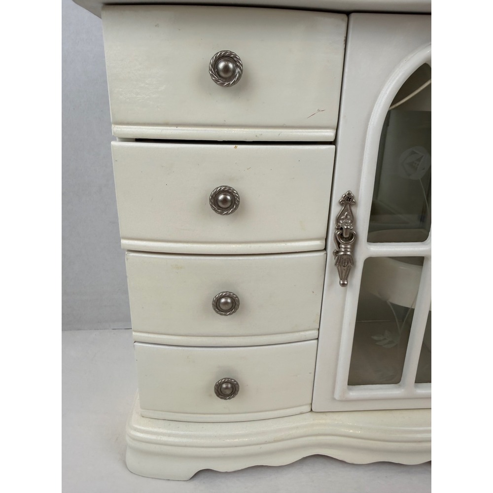 Vintage White Wooden Jewelry Armoire Cathedral Glass Door Tabletop Chest Mirror - Picture 11 of 14